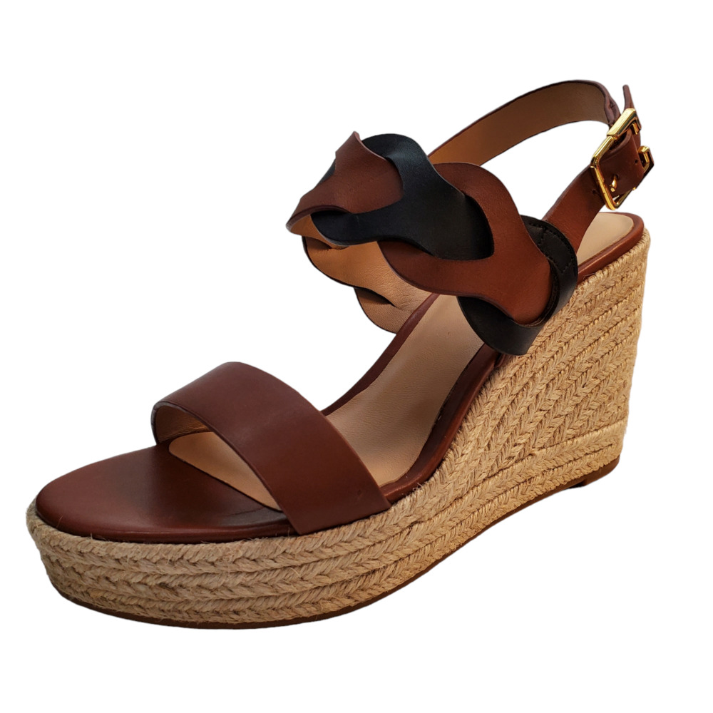 Ralph Lauren Womens  Hazell Leather Wedge Espadrille Sandals Brown Black